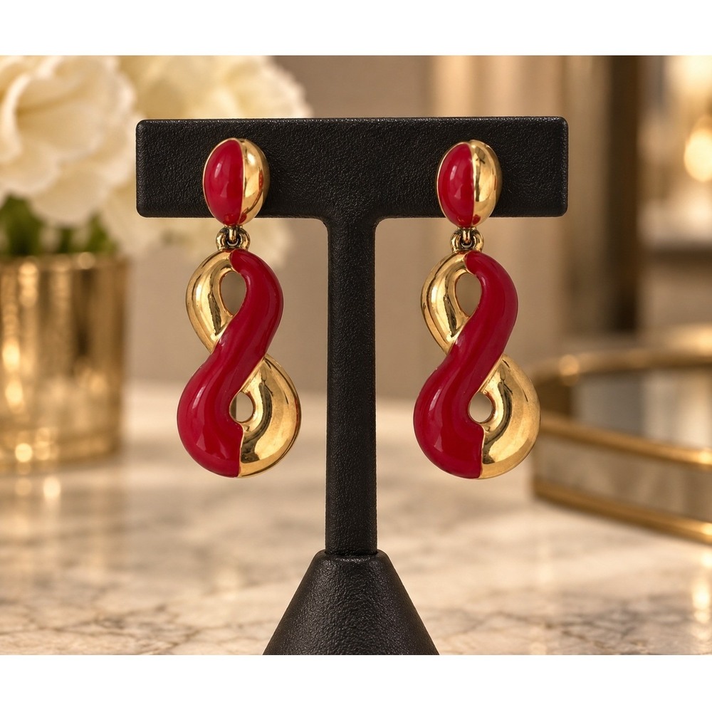 Vintage Monet Red Gold Tone Infinity Dangle Pierced Earrings